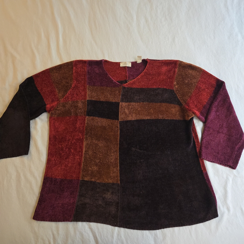 Lord & Taylor Vintage 90s Chenille Colorblock Patchwork VNeck Jewel Tone Sweater